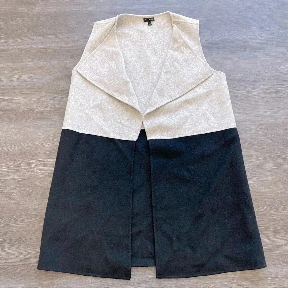 Talbots Sleeveless Jacket Vest Sweater Wool Color Block Black Oatmeal: XS